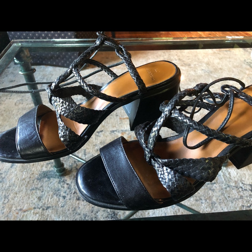 Halston Black Leather Wrap Heel